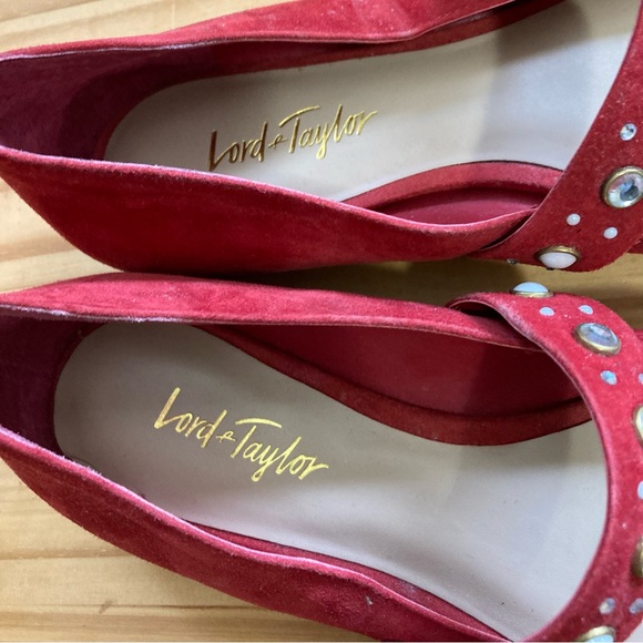 Lord &Taylor size 6.5 Red Suede Flats with Stones on Strap Good Condition - Picture 2 of 12